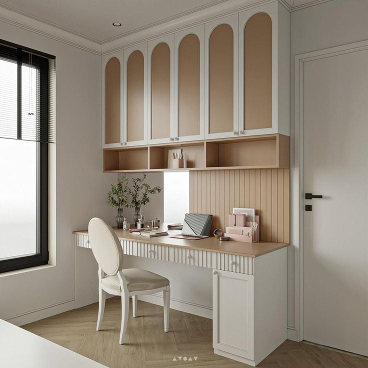 Elegant Dual-Tone Study Unit with Arched Overhead Cabinets & Fluted Detailing