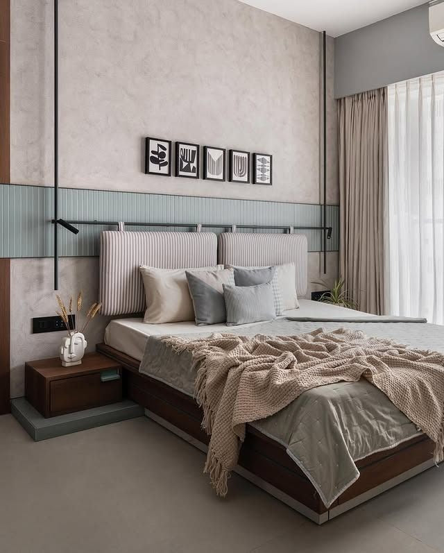 Modern Guest Bedroom with Upholstered Headboard, Wooden Accents & Soft Neutral Palette
