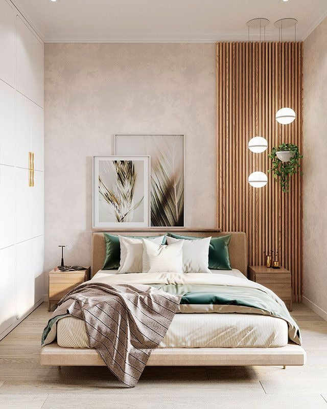 Contemporary Guest Bedroom with Wooden Slat Accent, Soft Pastel Palette & Warm Lighting