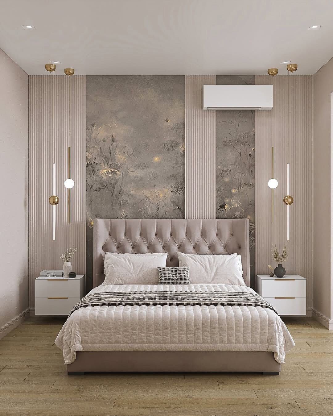 Elegant Guest Bedroom with Tufted Headboard, Textured Accent Wall & Gold Lighting Accents