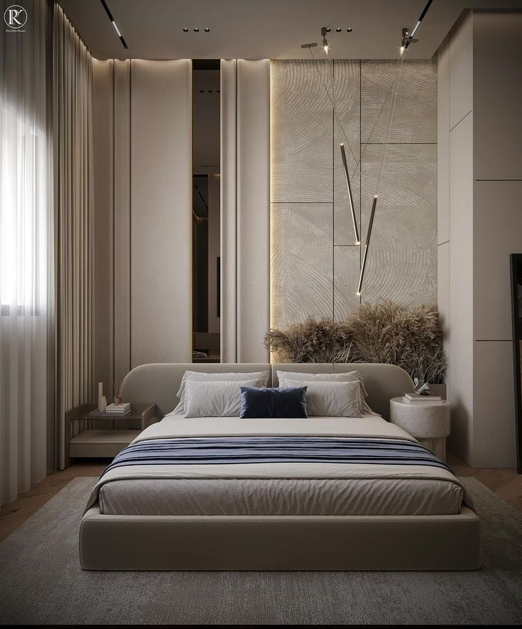 Modern Luxury Guest Bedroom with Sculpted Wall Panels, Ambient Lighting & Neutral Elegance