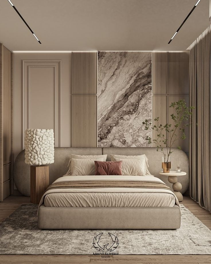 Modern Minimalist Bedroom with Textured Stone Accent Wall, Neutral Tones & Cozy Layered Bedding