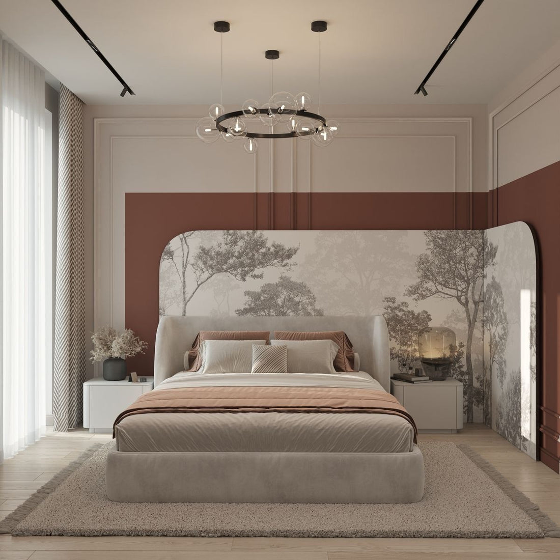 Contemporary Bedroom with Terracotta Accent Wall, Artistic Mural & Plush Upholstered Bed