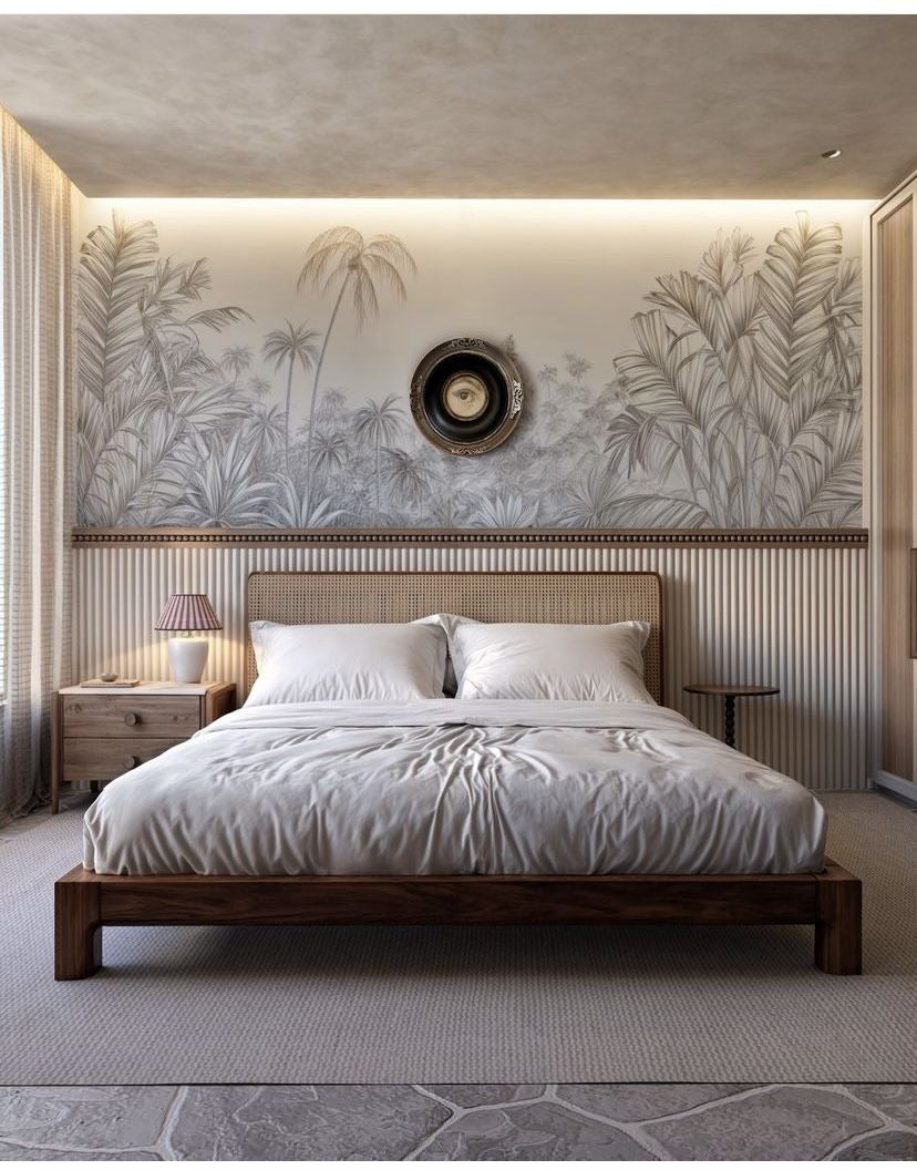Modern Tropical Bedroom with Cane-Back Wooden Bed, Botanical Wall Art & Ambient Cove Lighting