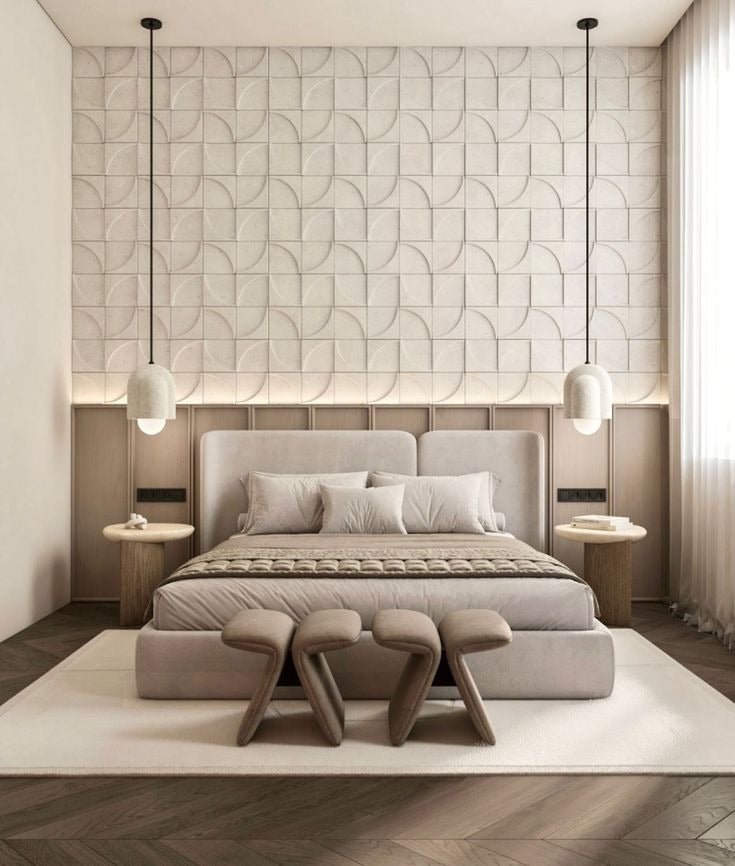 Contemporary Bedroom with 3D Textured Wall Panel, Pendant Lighting & Plush Neutral Upholstery