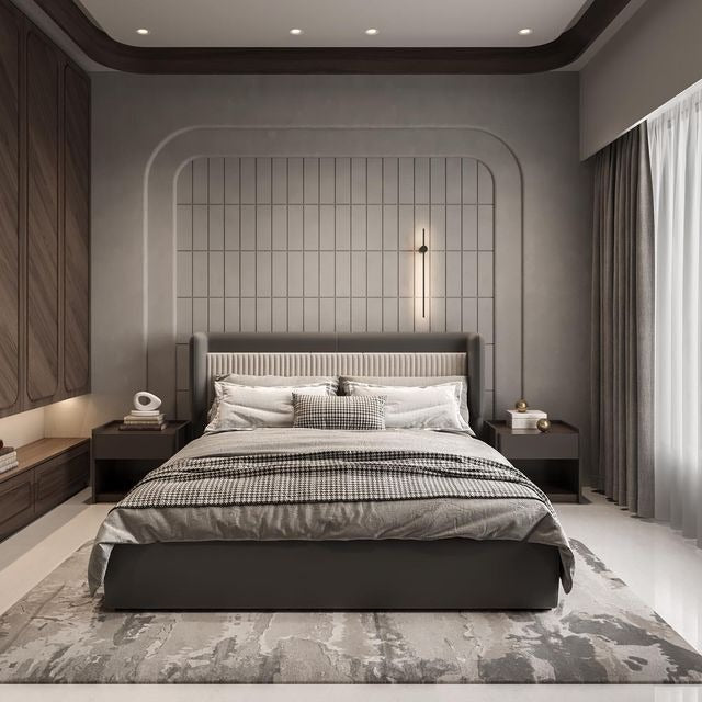 Modern Minimalist Bedroom with Textured Wall Paneling, Ambient Lighting & Soft Neutrals