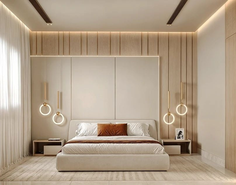 Elegant Beige Bedroom with Vertical Wood Paneling, Pendant Lighting & Minimal Décor Accents