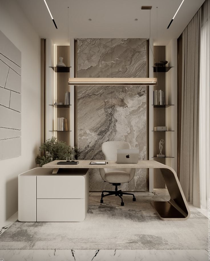 Modern Executive Home Office with Sculpted Desk, Marble Accent Wall & Minimalist Lighting