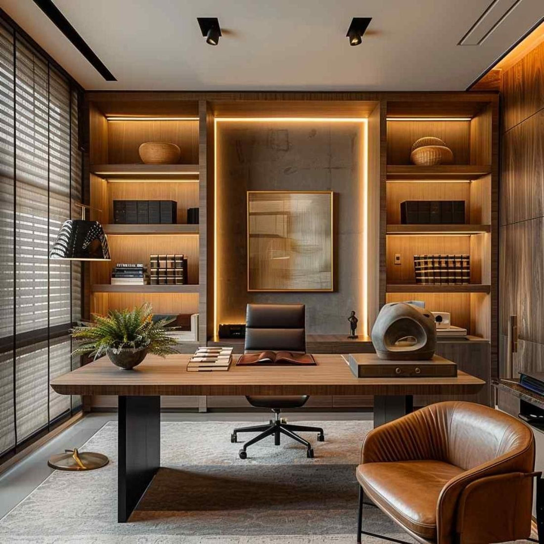 Luxurious Contemporary Office with Warm Wood Finishes, Ambient Shelf Lighting & Executive Desk Setup