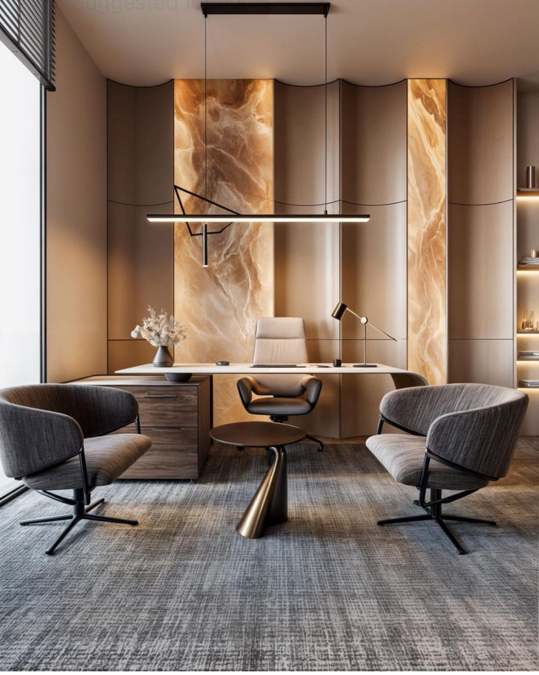 Elegant Executive Office with Onyx Accent Wall, Curved Wood Paneling & Modern Lighting