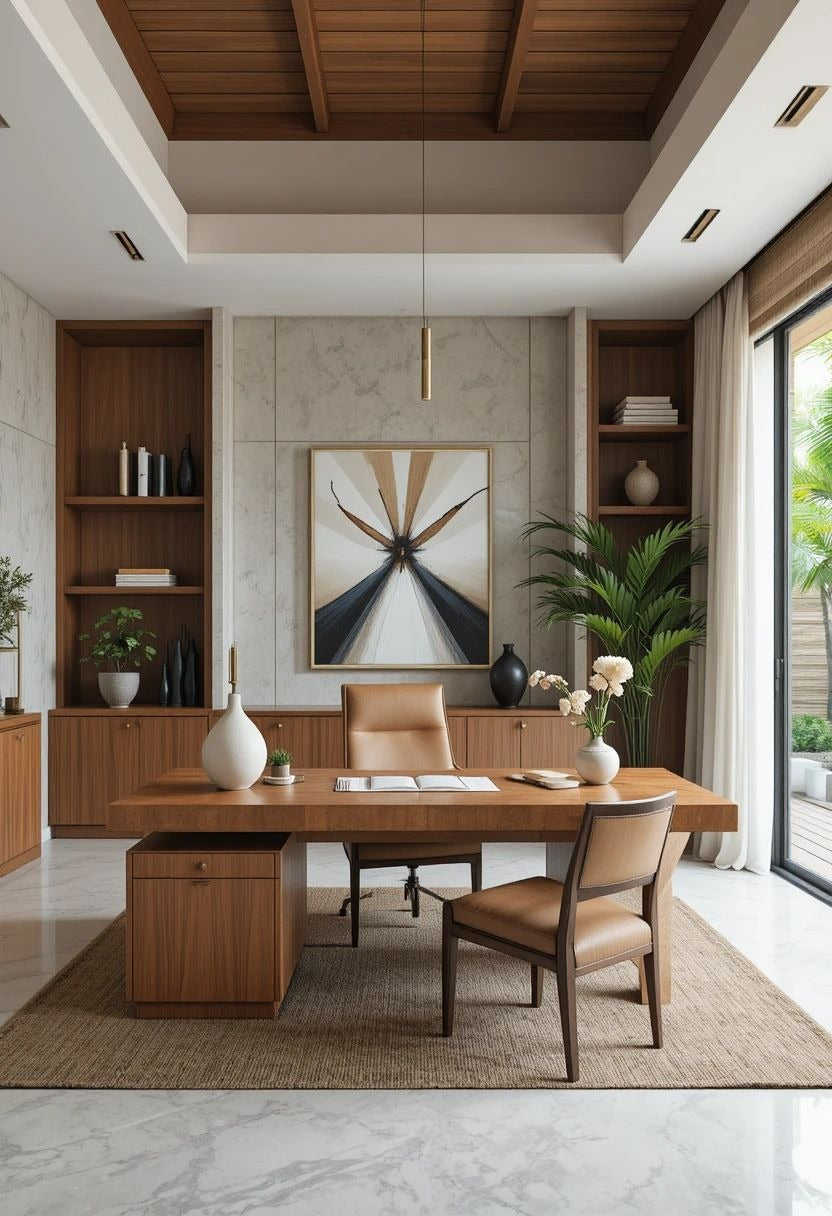 Contemporary Home Office with Wooden Accents, Vaulted Ceiling & Garden View