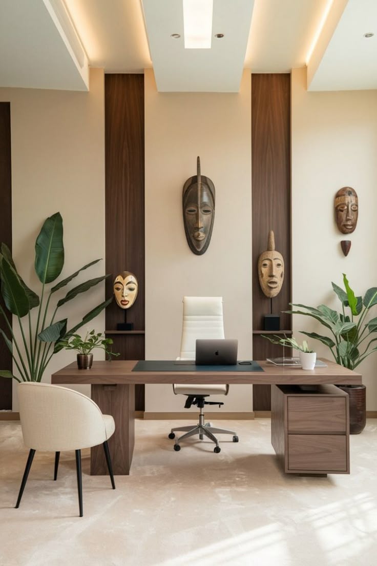 Modern Home Office with Ethnic Wall Art, Wooden Accents & Indoor Greenery