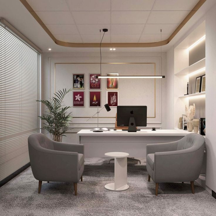 Modern Executive Office with Sleek Minimalist Design and Warm Accents