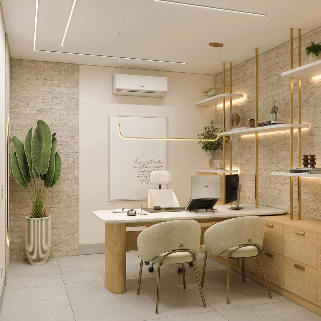 Contemporary Office Design with Soft Neutrals and Golden Accents