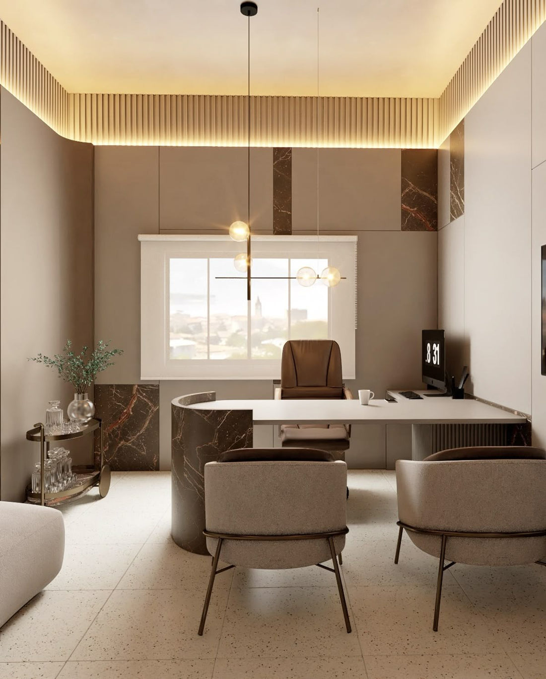 Luxurious Office Interior with Warm Lighting and Marble Accents