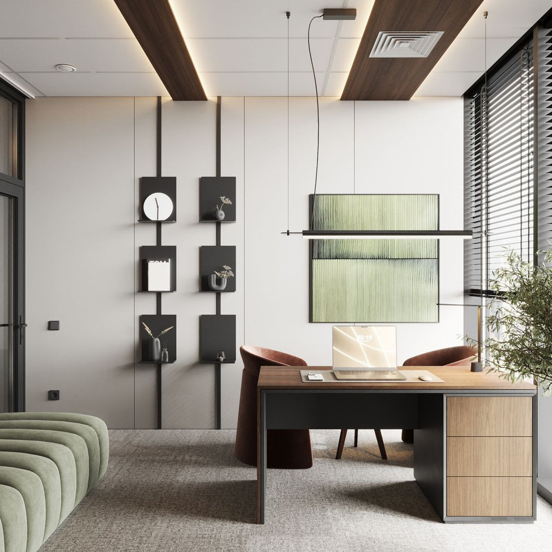 Modern Office Interior with Earthy Tones and Minimalist Art Accents