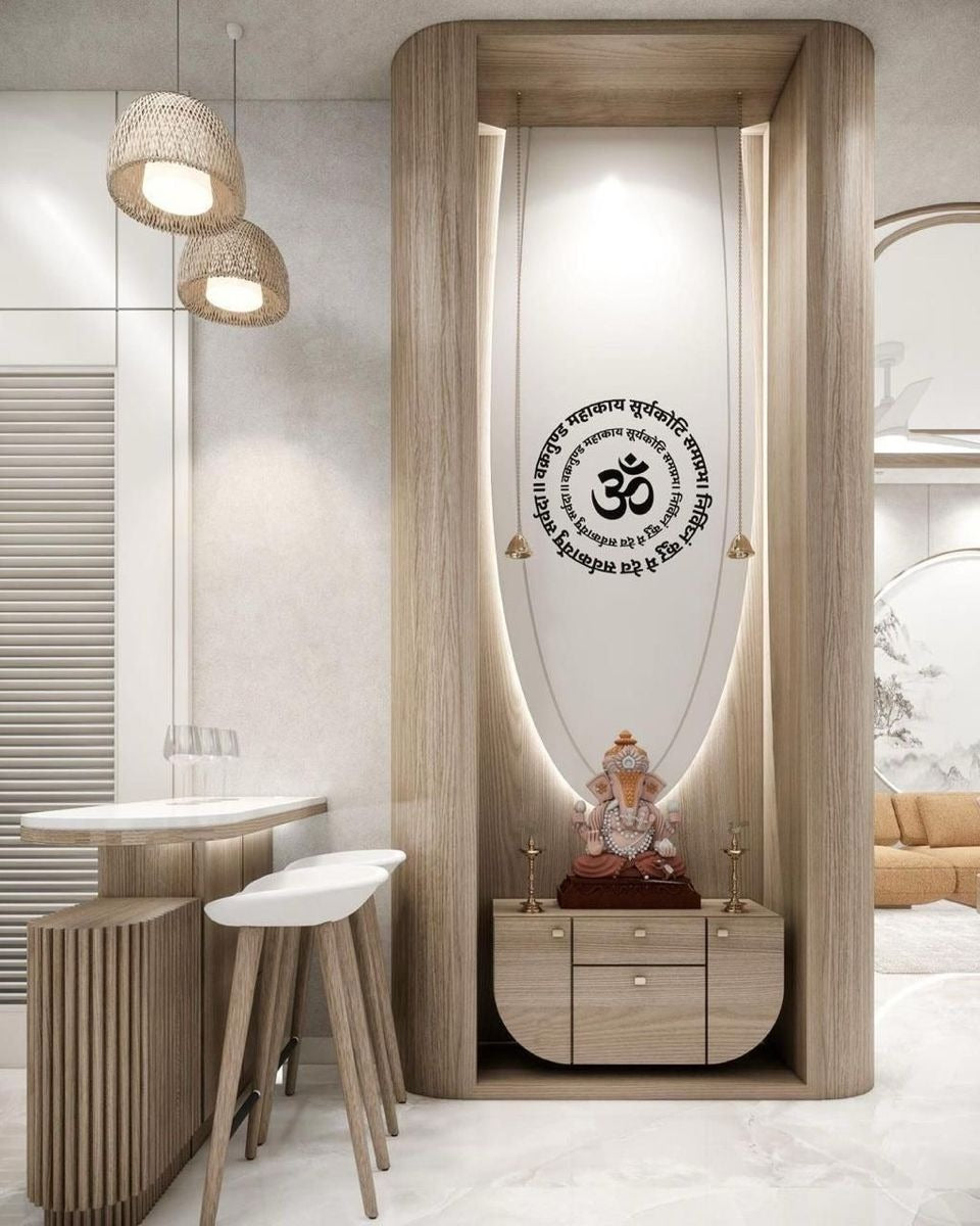 Modern Light-Wood Pooja Niche with Elegant Curved Frame & Subtle Lighting in Dining Area