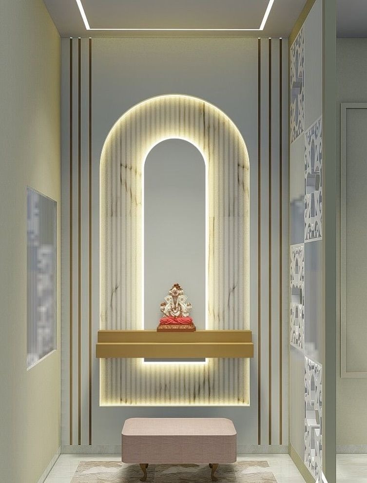 Minimalist Pooja Wall with Illuminated Arched Back Panel & Floating Shelf Design