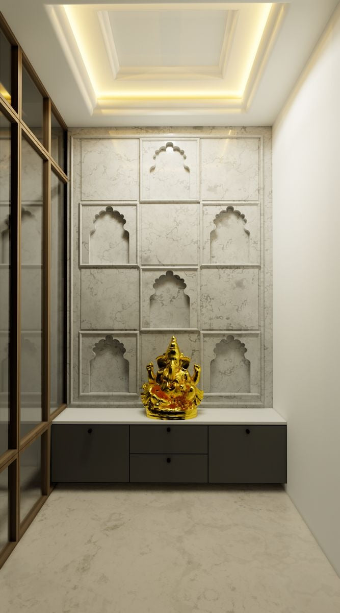Modern Minimalist Pooja Room with Marble Backdrop & Golden Ganesha Idol