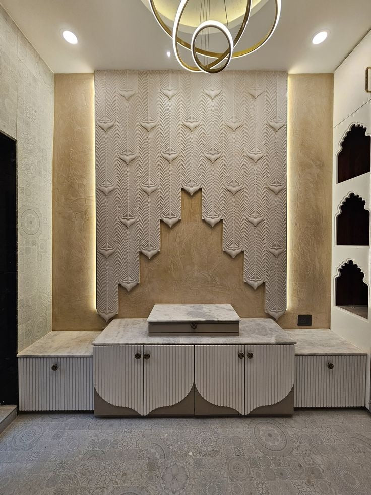 Elegant Contemporary Pooja Room with Textured Wall Panel & Ambient Lighting
