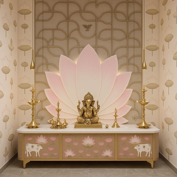 Divine Lotus-Themed Pooja Room with Golden Accents & Soft Lighting
