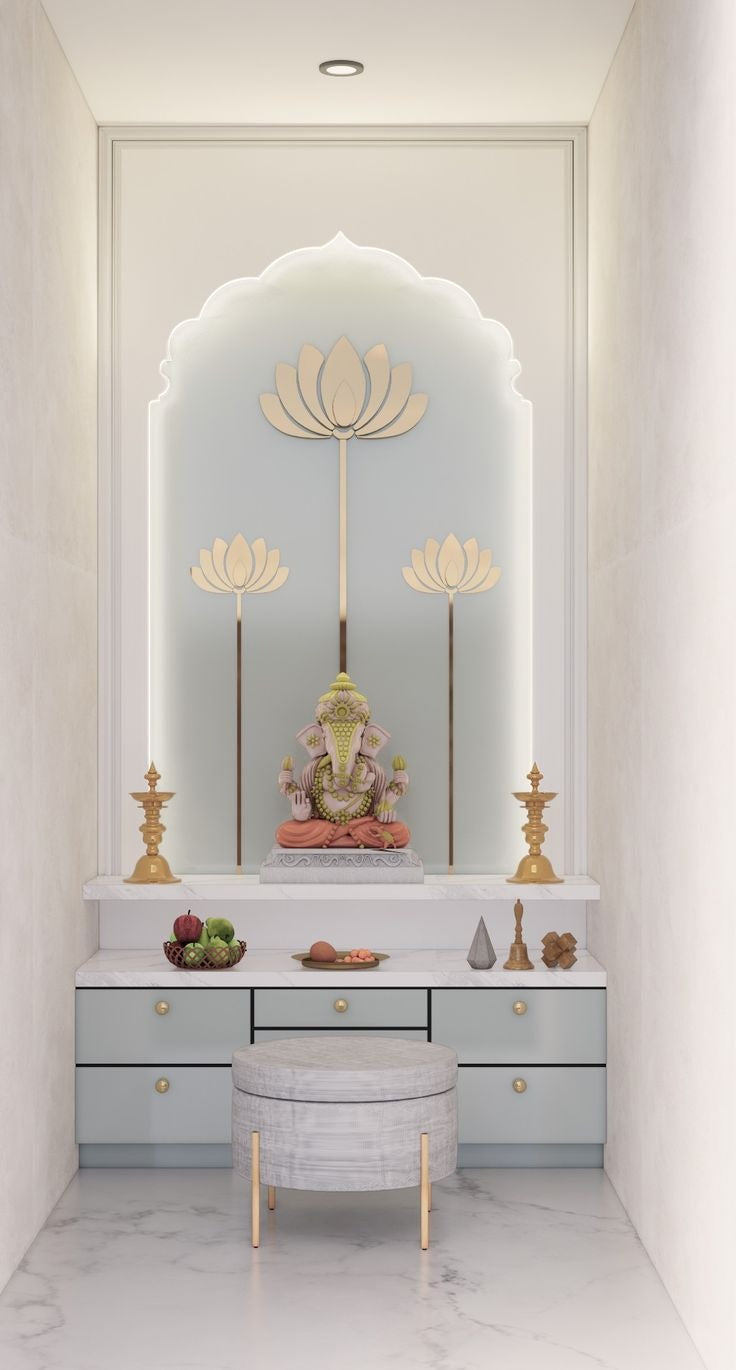 Serene Modern Pooja Room with Lotus Motif & Soft Backlit Panel