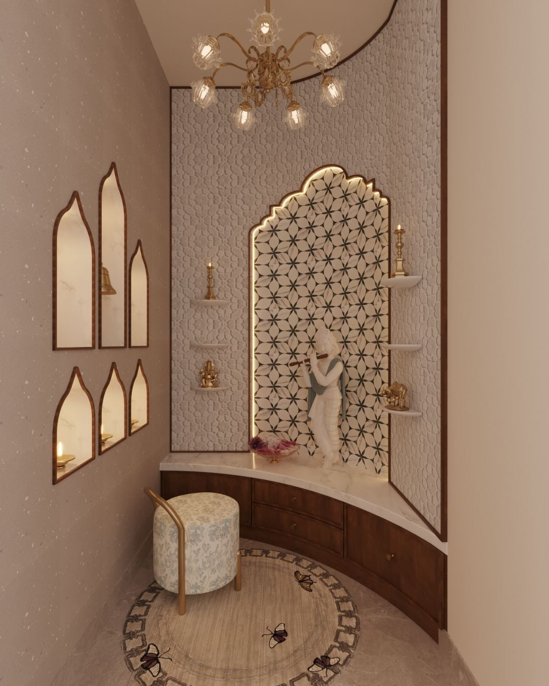 Elegant Curved Pooja Room with Textured Wall & Warm Lighting