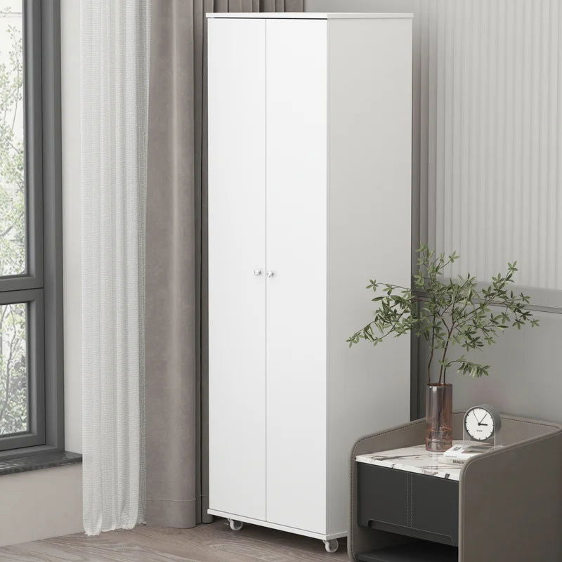 White Wood 2-Door Shoe Storage Cabinet with Wheels -