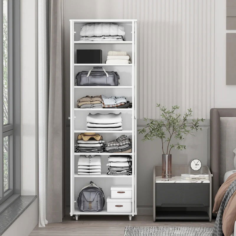 White Wood 2-Door Shoe Storage Cabinet with Wheels -