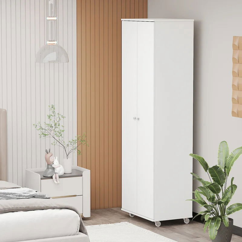 White Wood 2-Door Shoe Storage Cabinet with Wheels -