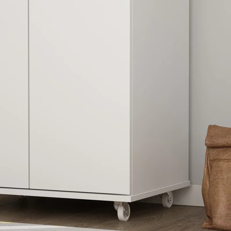White Wood 2-Door Shoe Storage Cabinet with Wheels -