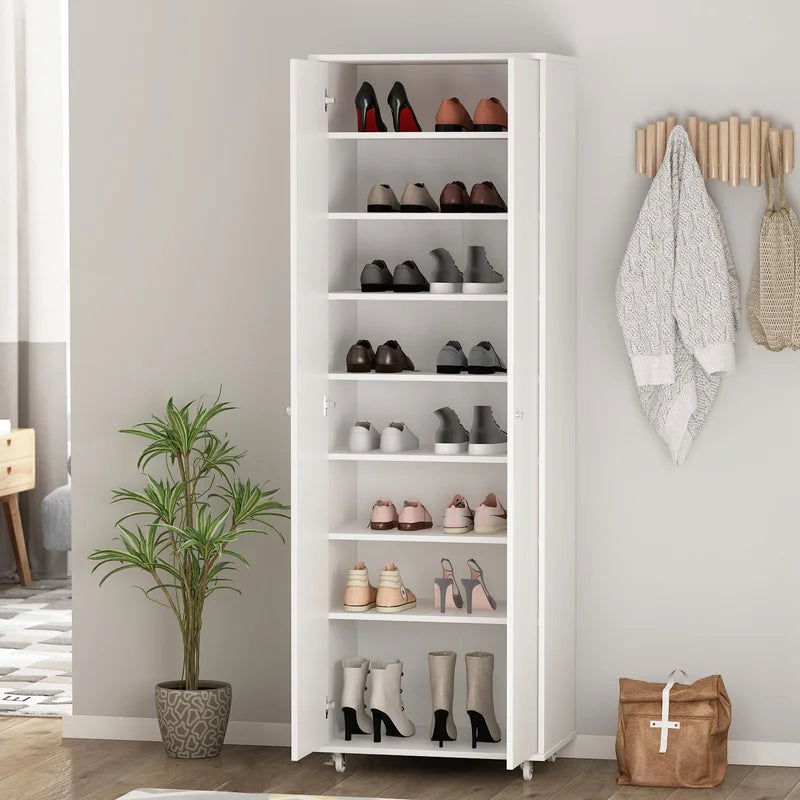 White Wood 2-Door Shoe Storage Cabinet with Wheels -