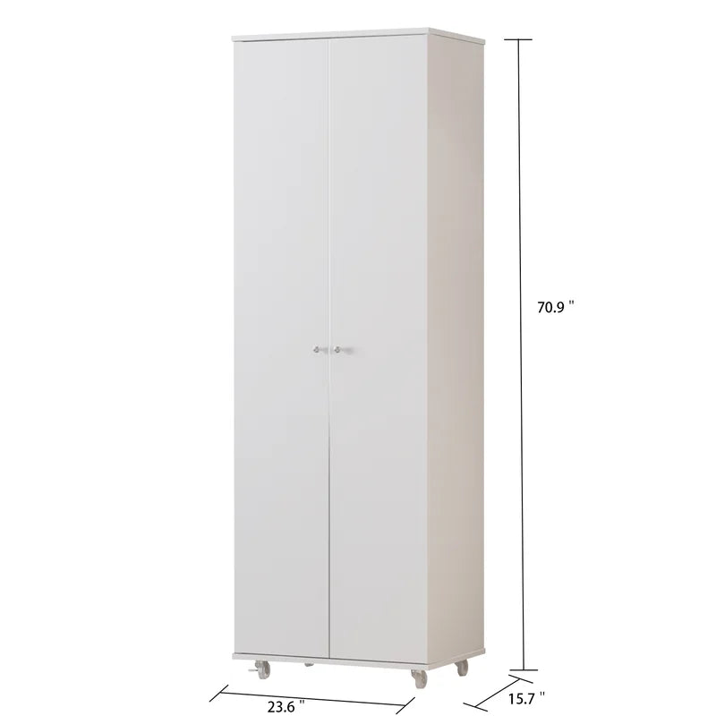 White Wood 2-Door Shoe Storage Cabinet with Wheels -