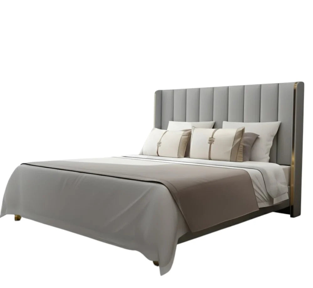Grand Royal King Size Upholstered Bed in Ivory/Grey Velvet with Vertical Channel Tufted High-Back Headboard, and Optional Hydraulic Storage