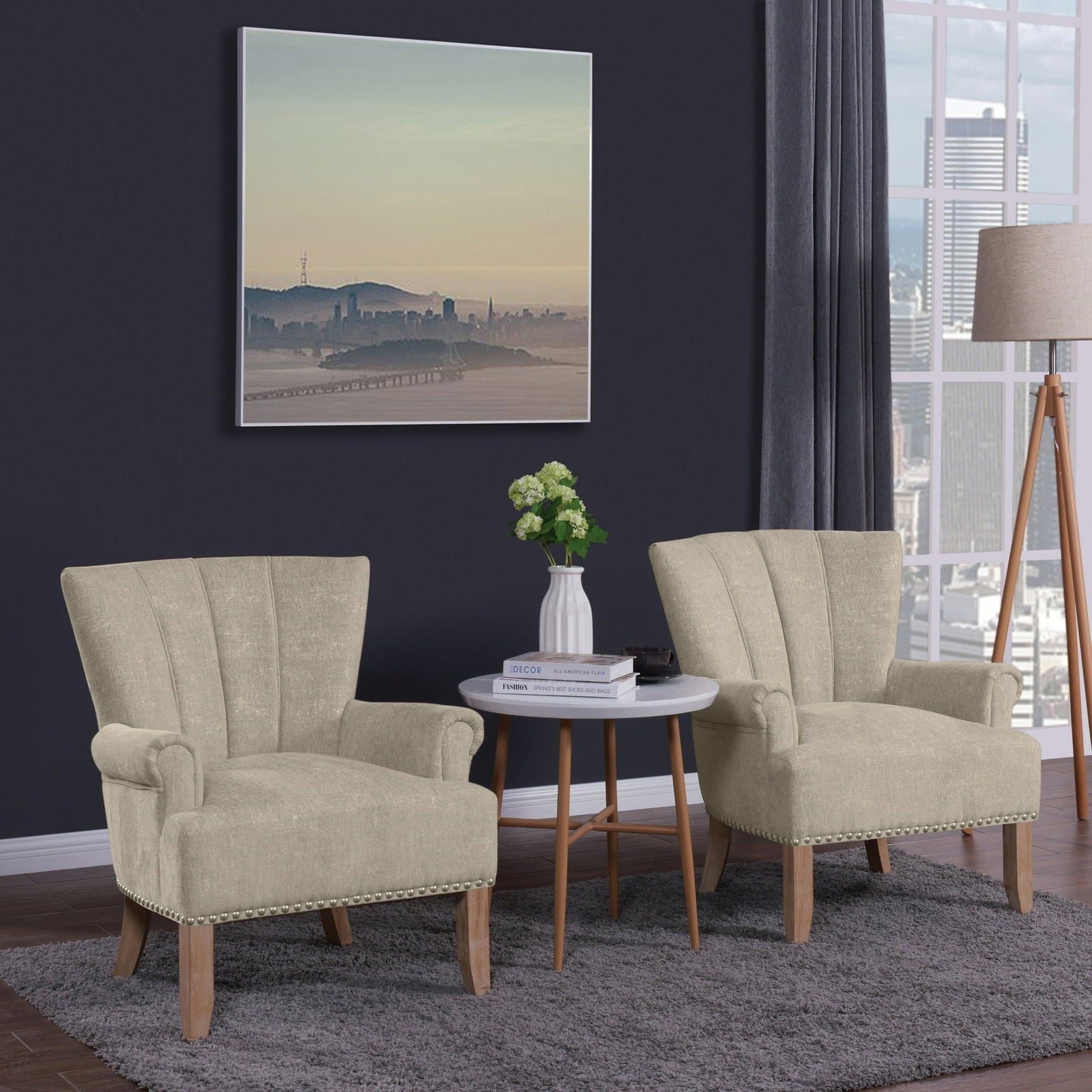 Wide Tufted Armchair with Teak Wood Legs -
