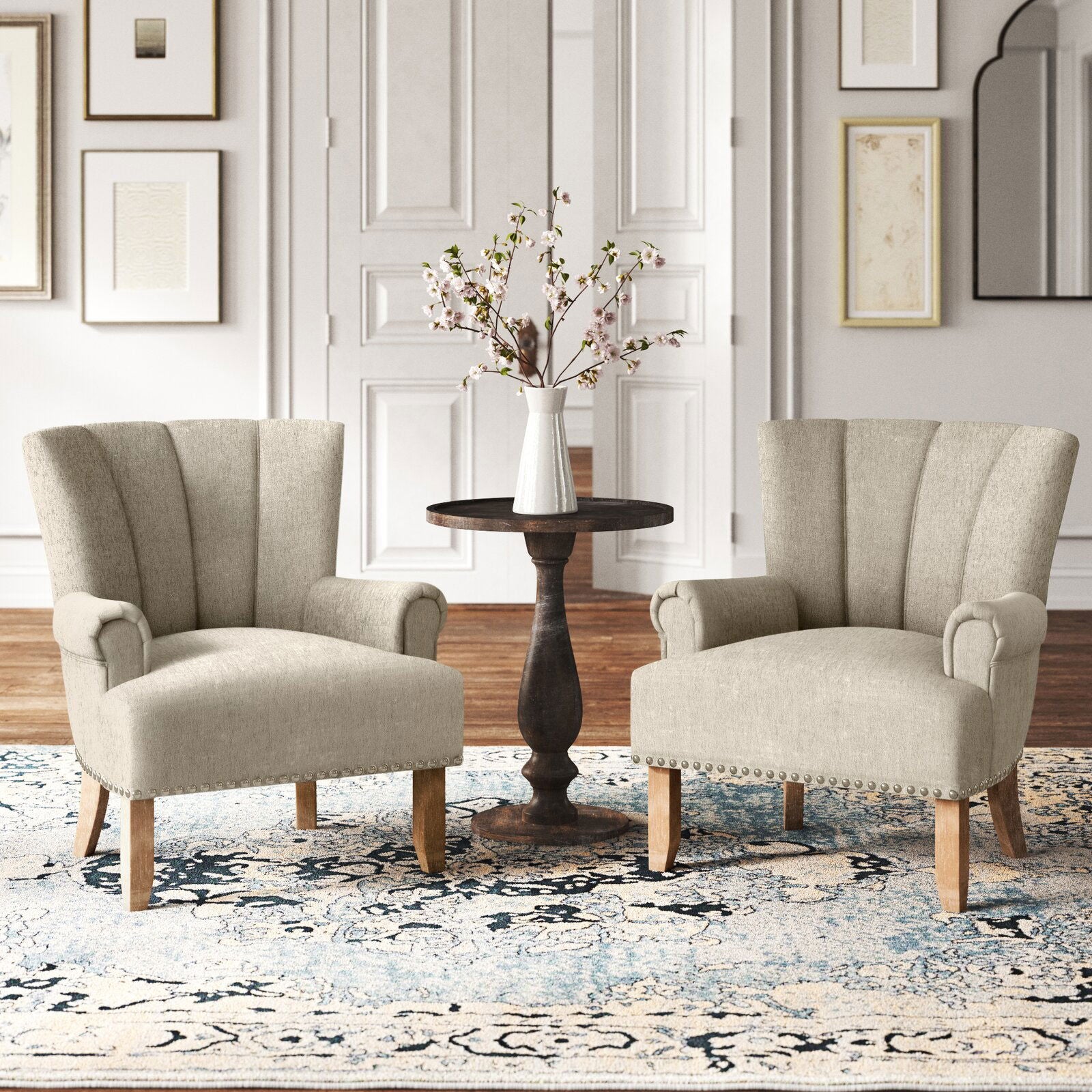 Wide Tufted Armchair with Teak Wood Legs -