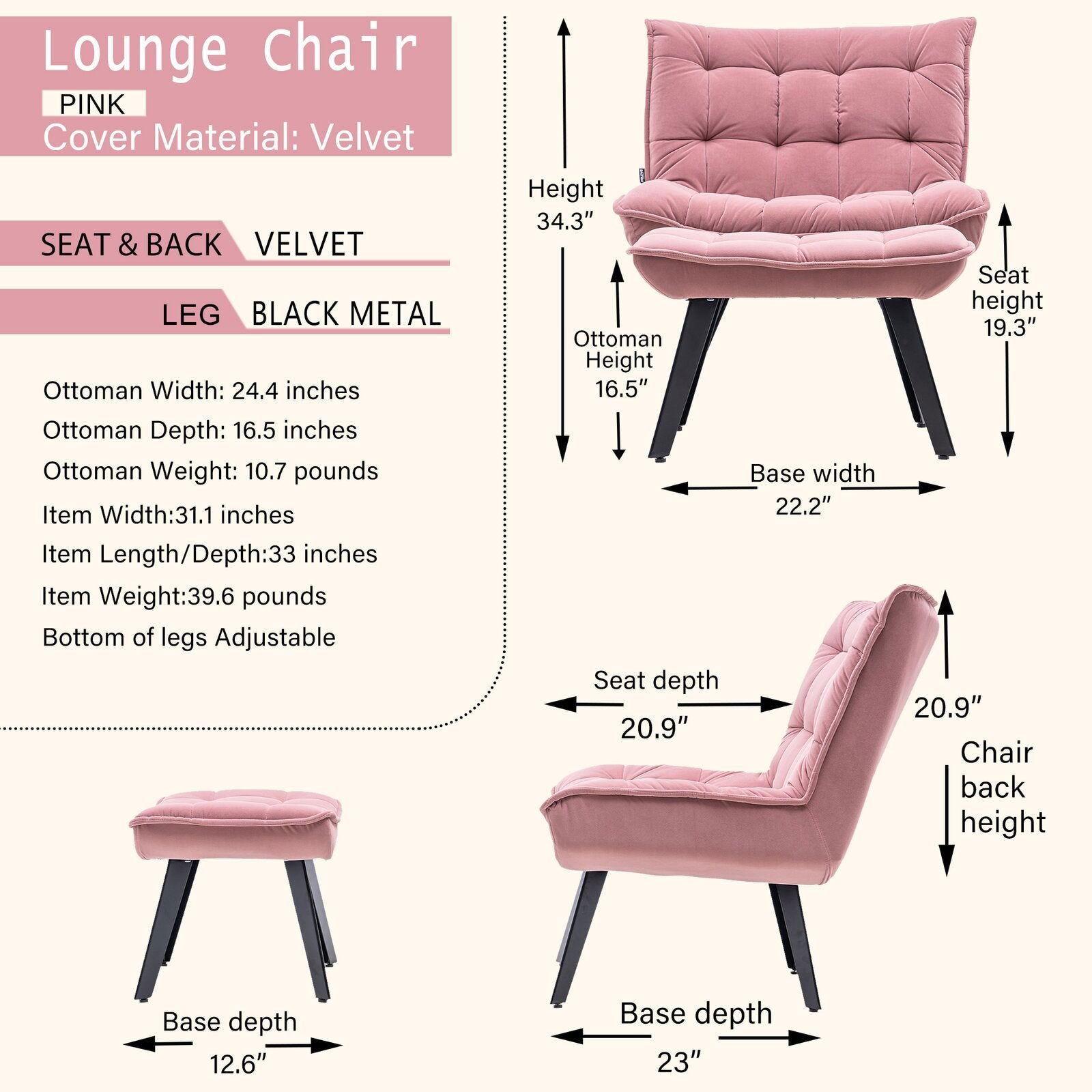 Wide Tufted Lounge Chair and Ottoman Pink -
