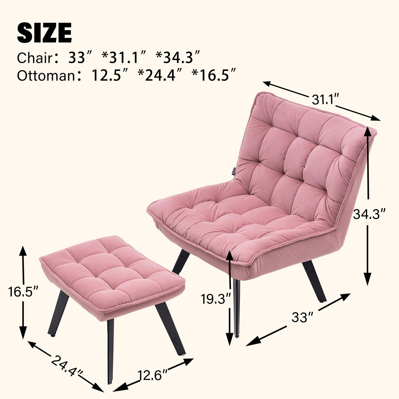Wide Tufted Lounge Chair and Ottoman Pink -