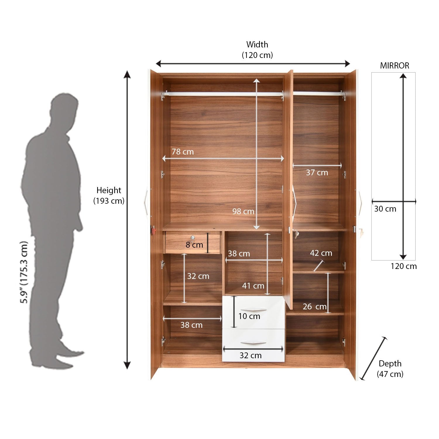 Wooden 3 Door & Mirror Wardrobe -