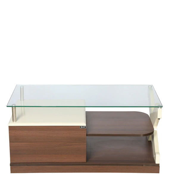 Wooden Center Table in Glass Top with Drawer for Home and Office -