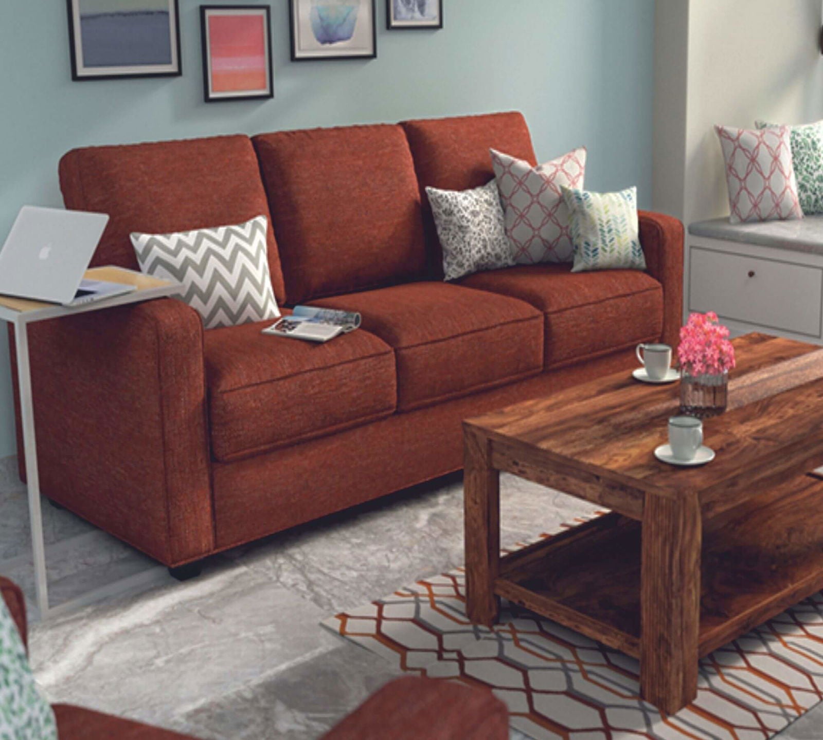 Wooden Frame Legs Base Cushioned Fabric Sofa -