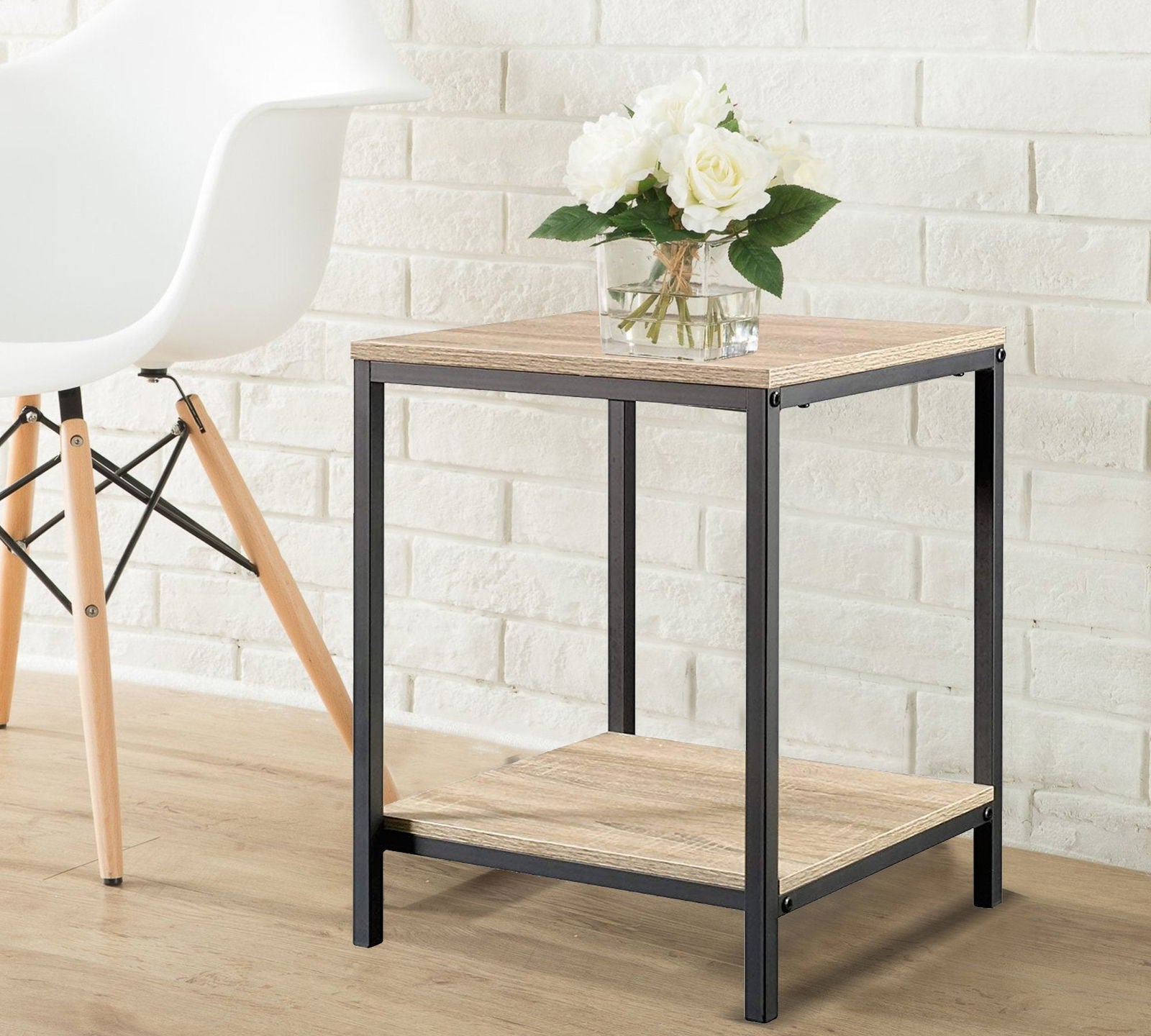 Wooden Side Table With Metal Frame Base -