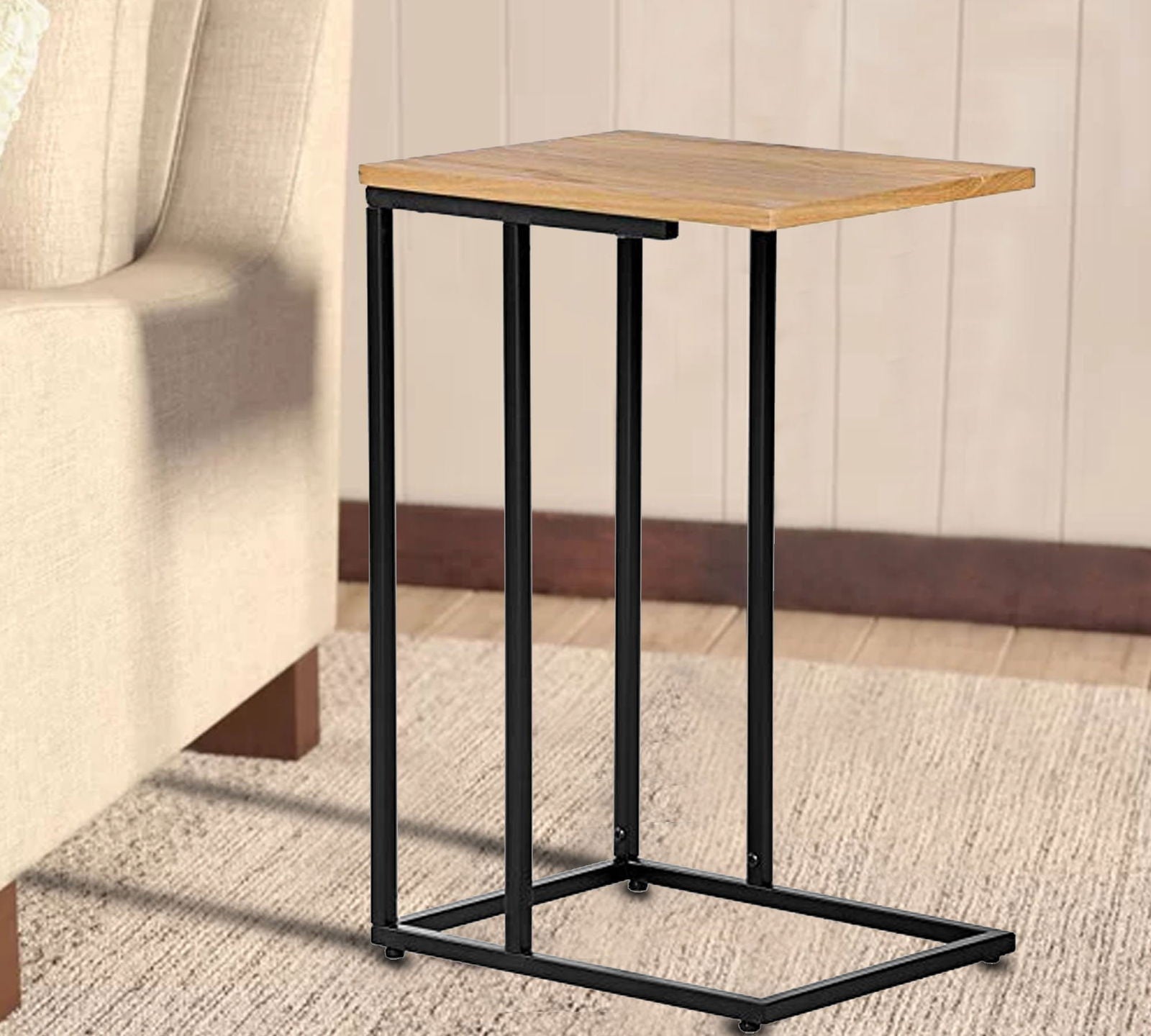 Wooden Side Table With Metal Frame Base -