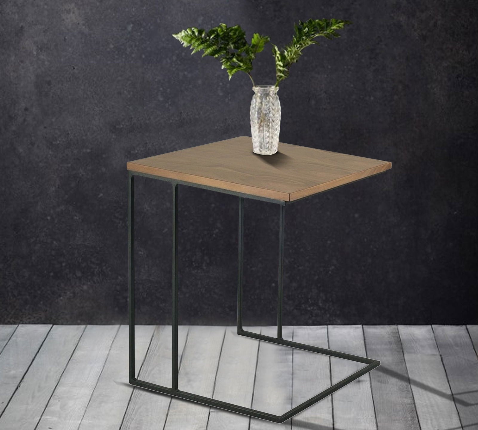 Wooden Side Table With Metal Legs Base -