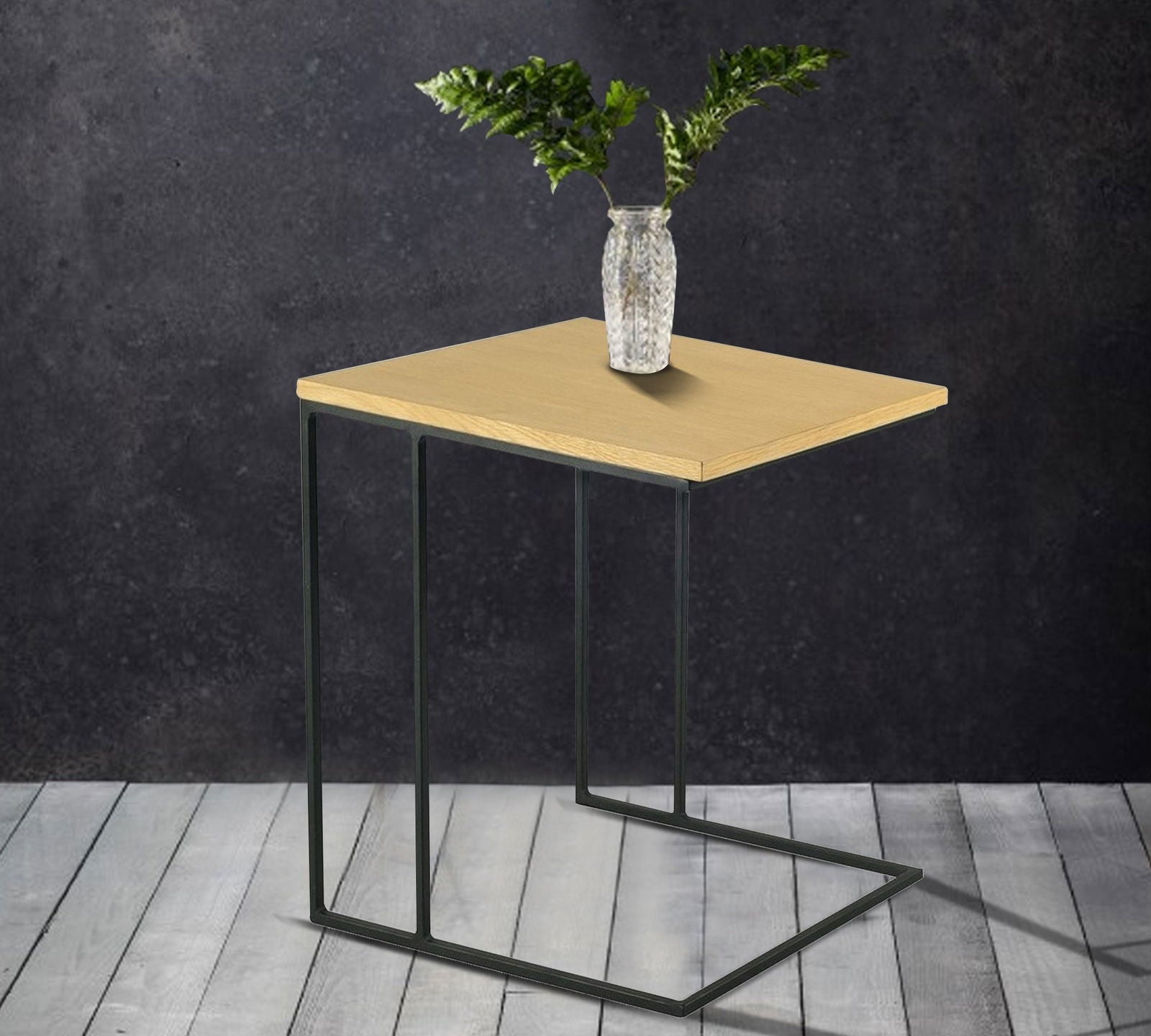 Wooden Side Table With Metal Legs Base -