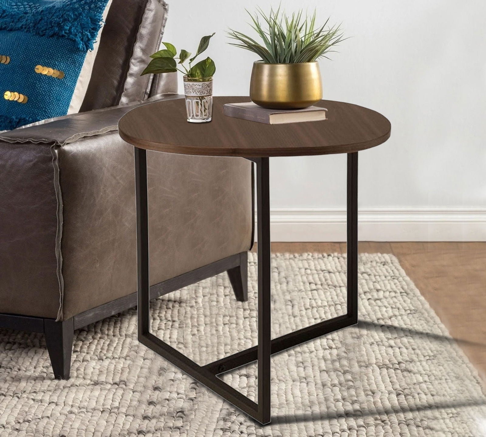 Wooden Side Table With Metal Legs Base -