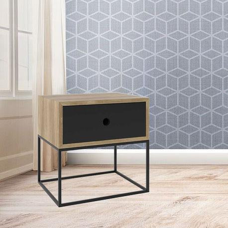 धातु फ्रेम बेस में दराज के साथ लकड़ी की साइड टेबल