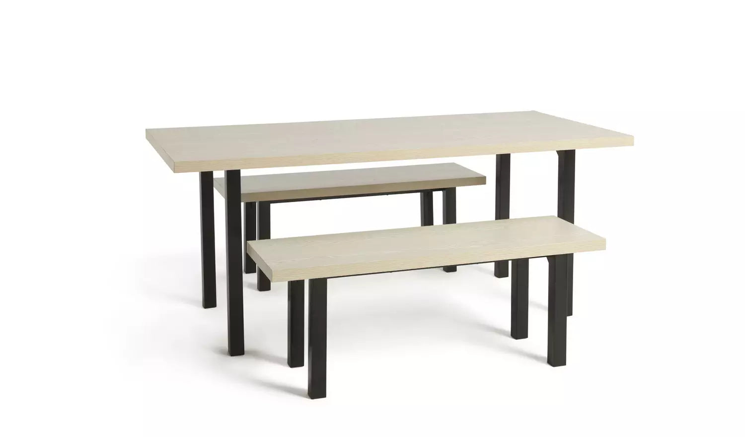 Wooden Top 2 Dining Bench with 1 Dining Table Metal Frame Base -