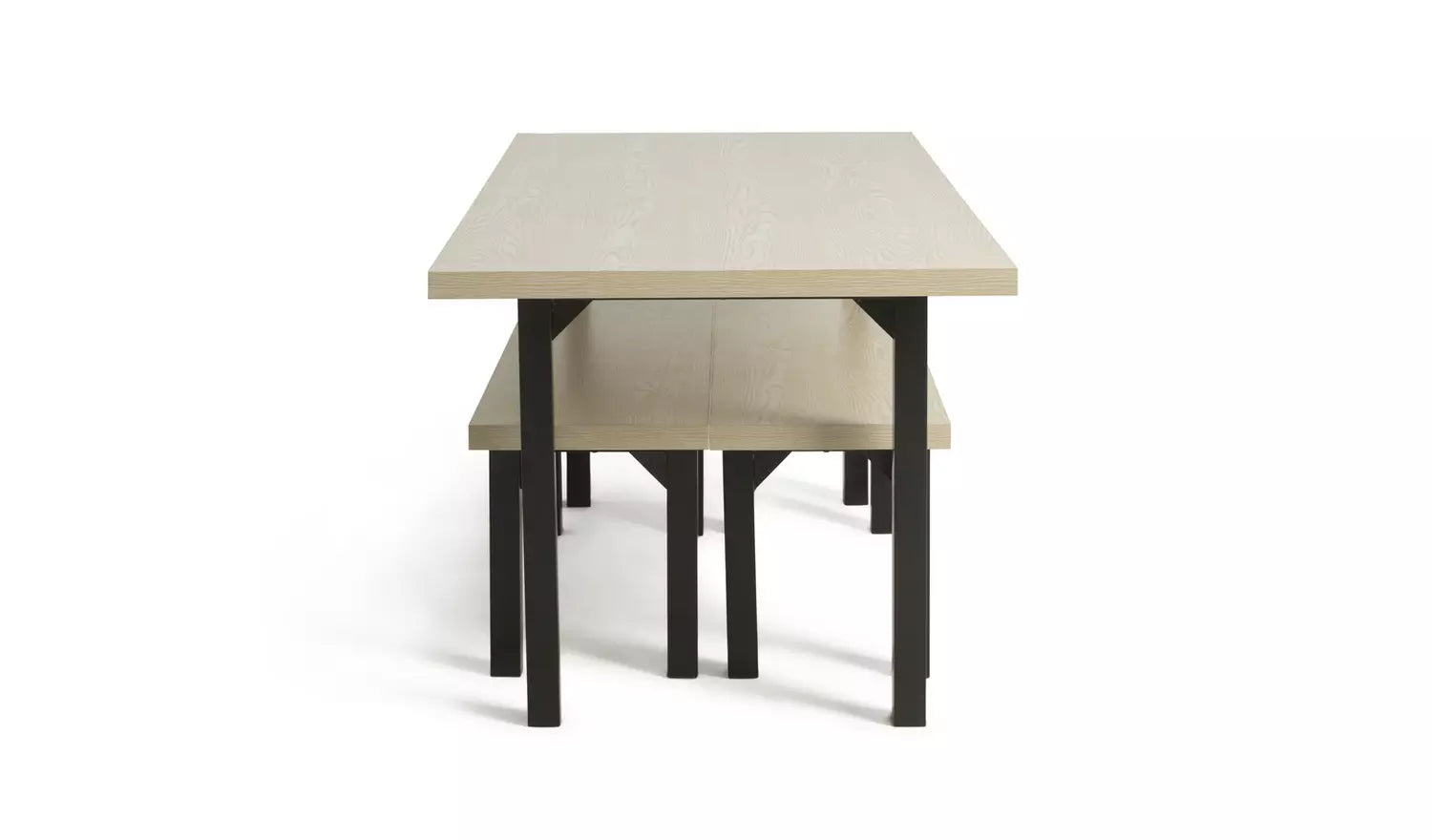 Wooden Top 2 Dining Bench with 1 Dining Table Metal Frame Base -