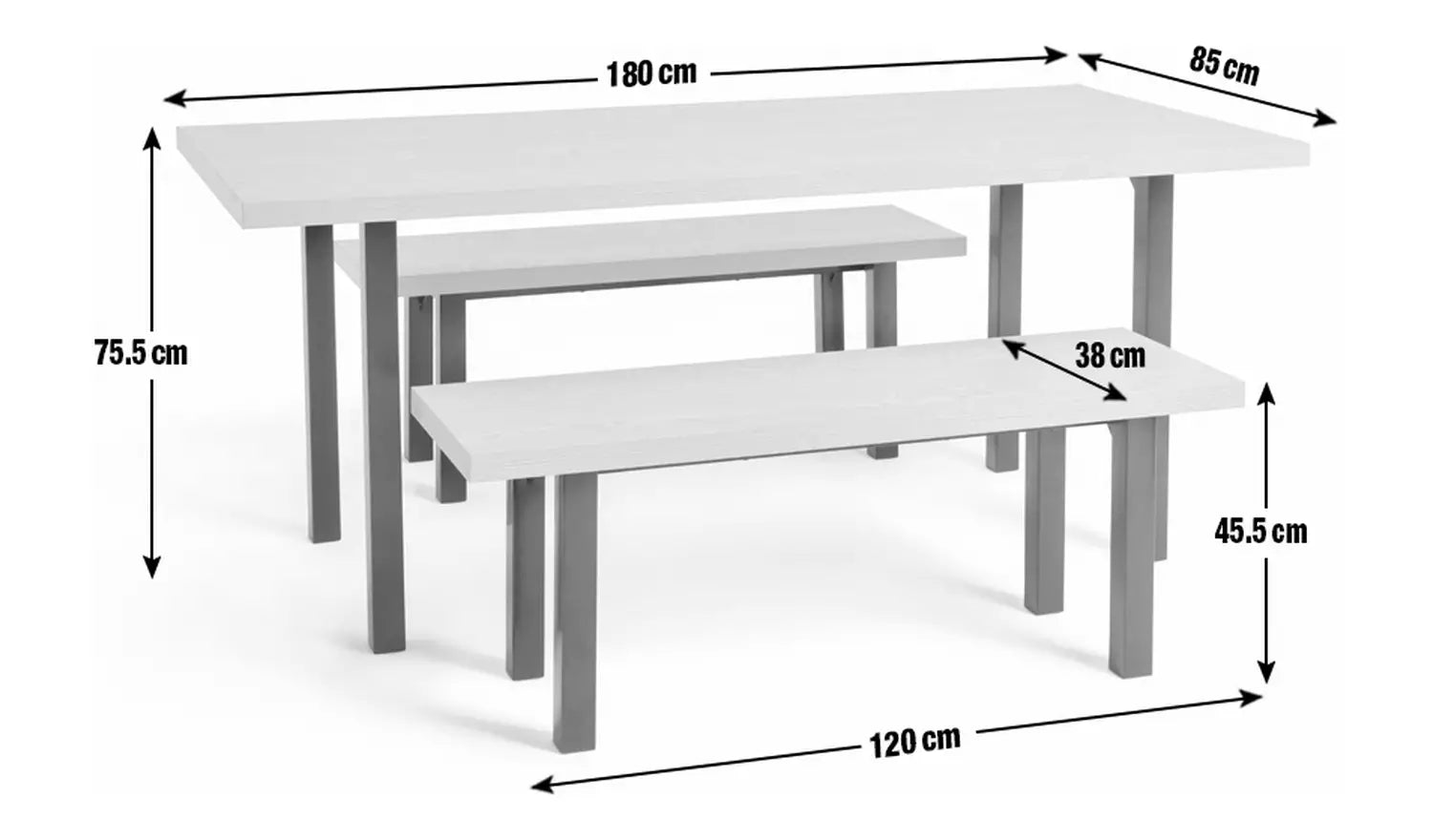Wooden Top 2 Dining Bench with 1 Dining Table Metal Frame Base -
